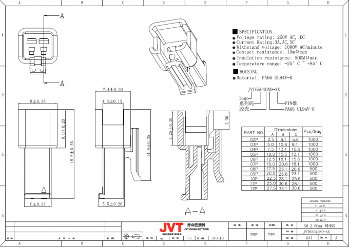 Conectores de la fuente de alimentación de la vivienda UL94V-0 del nilón 66 para AWG #18 - alambre aplicable 22