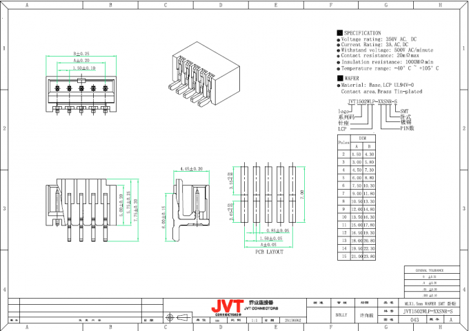 Equivalente del tipo vertical de SMT del conector de la echada de Molex 87439 1.5m m - 2 - 15 postes