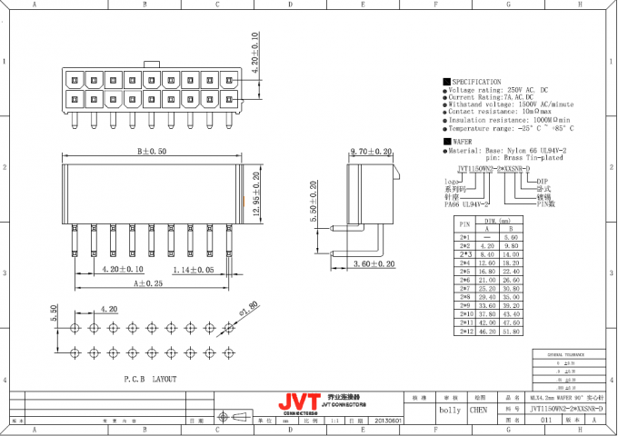 Equivalente de Molex 4.2m m, de ángulo recto estañada, conector de la oblea de la INMERSIÓN, alambre a subir