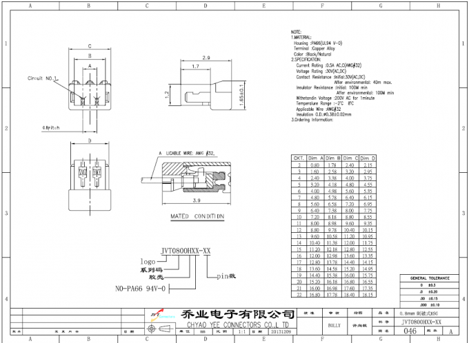 Alambre de PA66 UL94V-0 para subir al conector, 2 - 22 alambre del individuo de los circuitos 0.8m m con polarizado