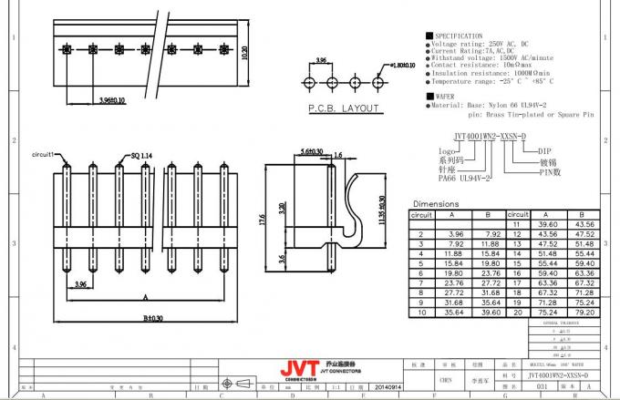 Echada del jefe 3.96m m del Pin/conector recto /2pin del tablero del PWB de la sola fila