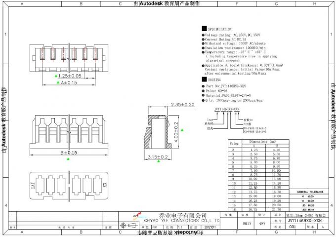 serie de los jefes de la cerradura de la fricción de SMT del conector de la echada de 1.25m m/de las viviendas JVT 1146H de la encrespadura