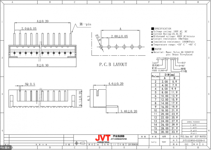 Solo alambre de la fila de JVT pH 2.0m m para subir al conector del estilo de la encrespadura ofrecido con el tipo desconectable