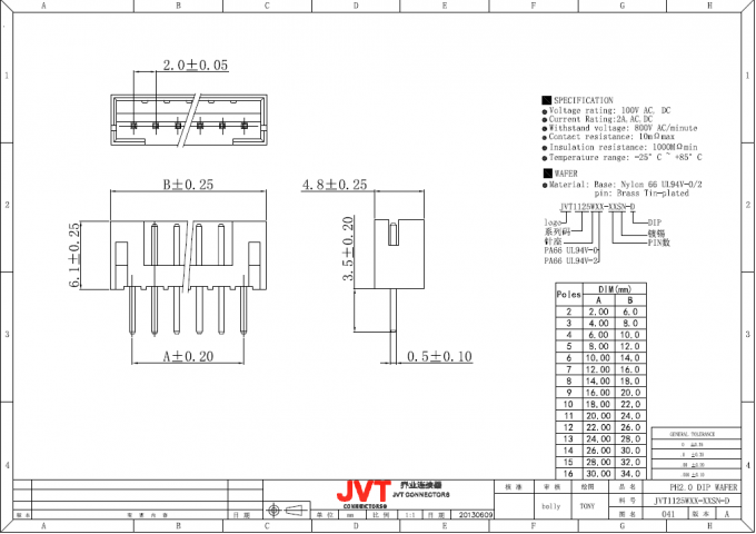 Solo alambre de la fila de JVT pH 2.0m m para subir al conector del estilo de la encrespadura ofrecido con el tipo desconectable