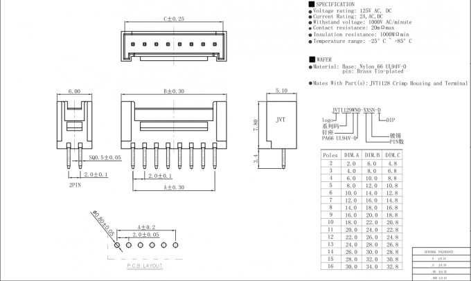 Tipo alambre de SMT de los conectores del PWB para subir 2 a Pin - nilón 66 UL94V-0 de 16 Pin