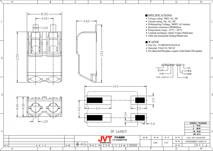 conector de 4.0m m Pitch1~ 3 poste LED, alambre de Smd del paso de ROHS para subir al conector